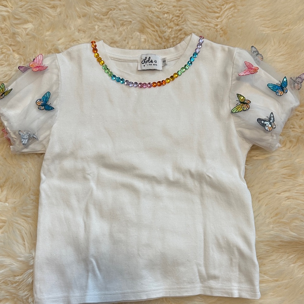 Lola + The Boys White Tee with Rainbow Butterflies